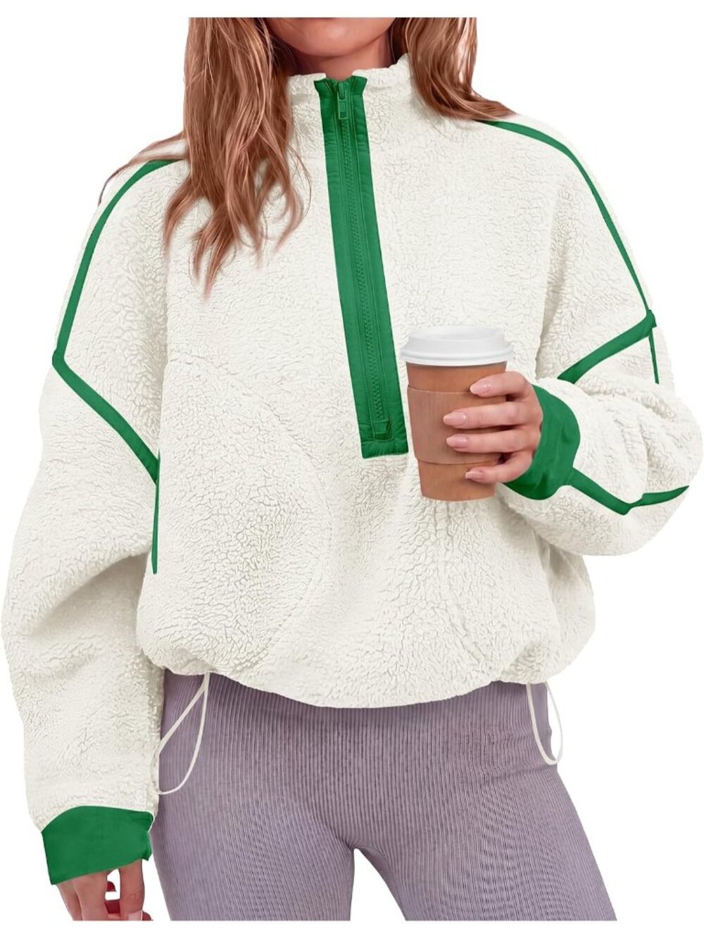 Womens White Green Mock Neck Imported Half Zip Sherpa Fleece Pullover Sweatshirt